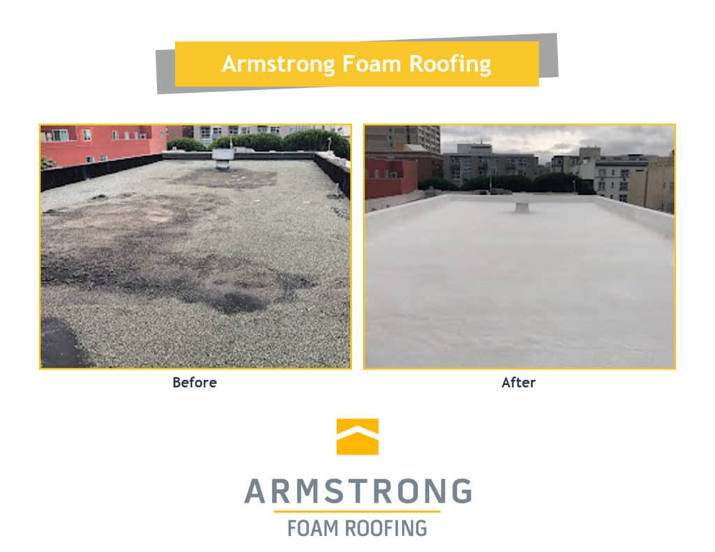 Armstrong Foam Roofing before and after photo of tar and gravel roof that has been replaced with more durable foam roofing