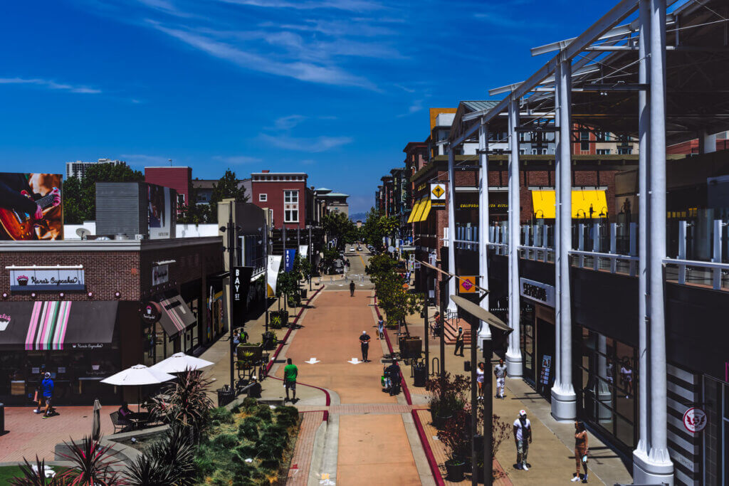 Emeryville CA,USA. July 5 2021: Bay Street in Emeryville, California is a mall with shops, restaurants, cinemas and hotels.