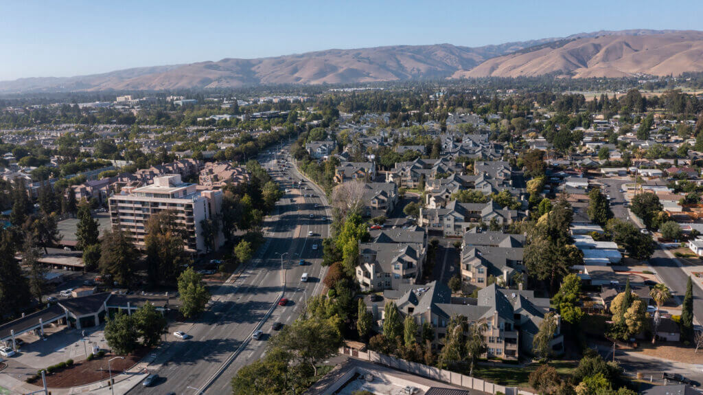 Afternoon aerial view of the city of Fremont, California, USA.