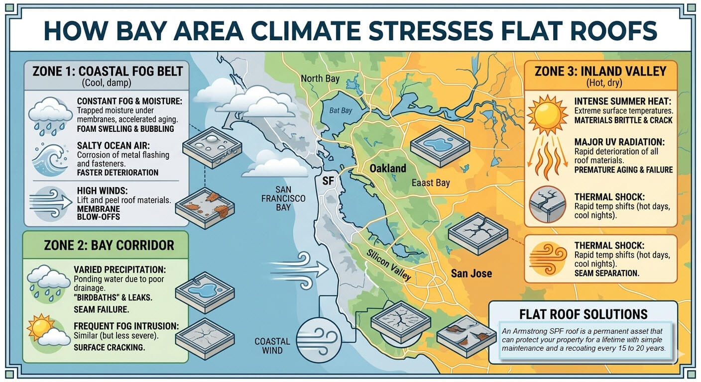 An infographic about "How Bay Area Climate Stresses Flat Roofs"