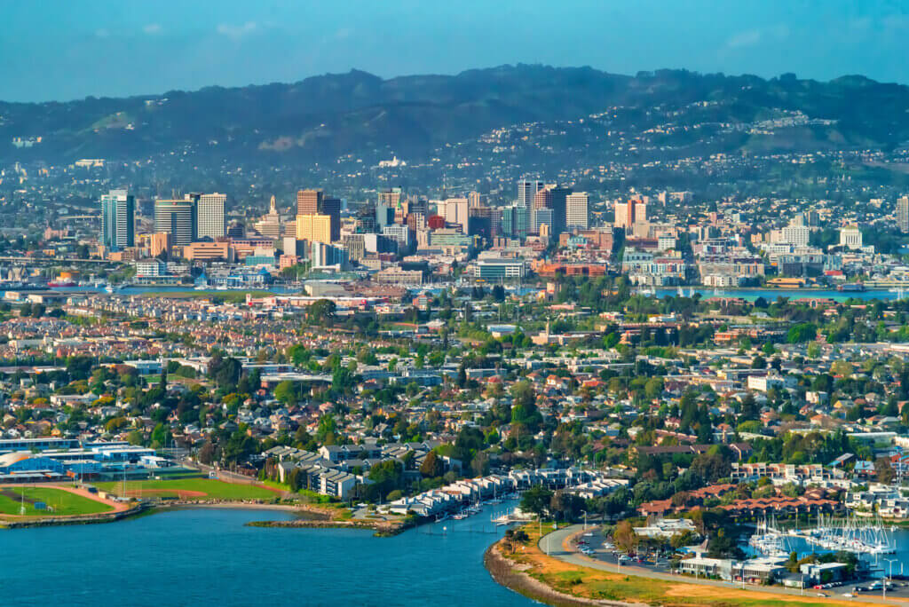 Aerial view of Oakland, CA from the bay