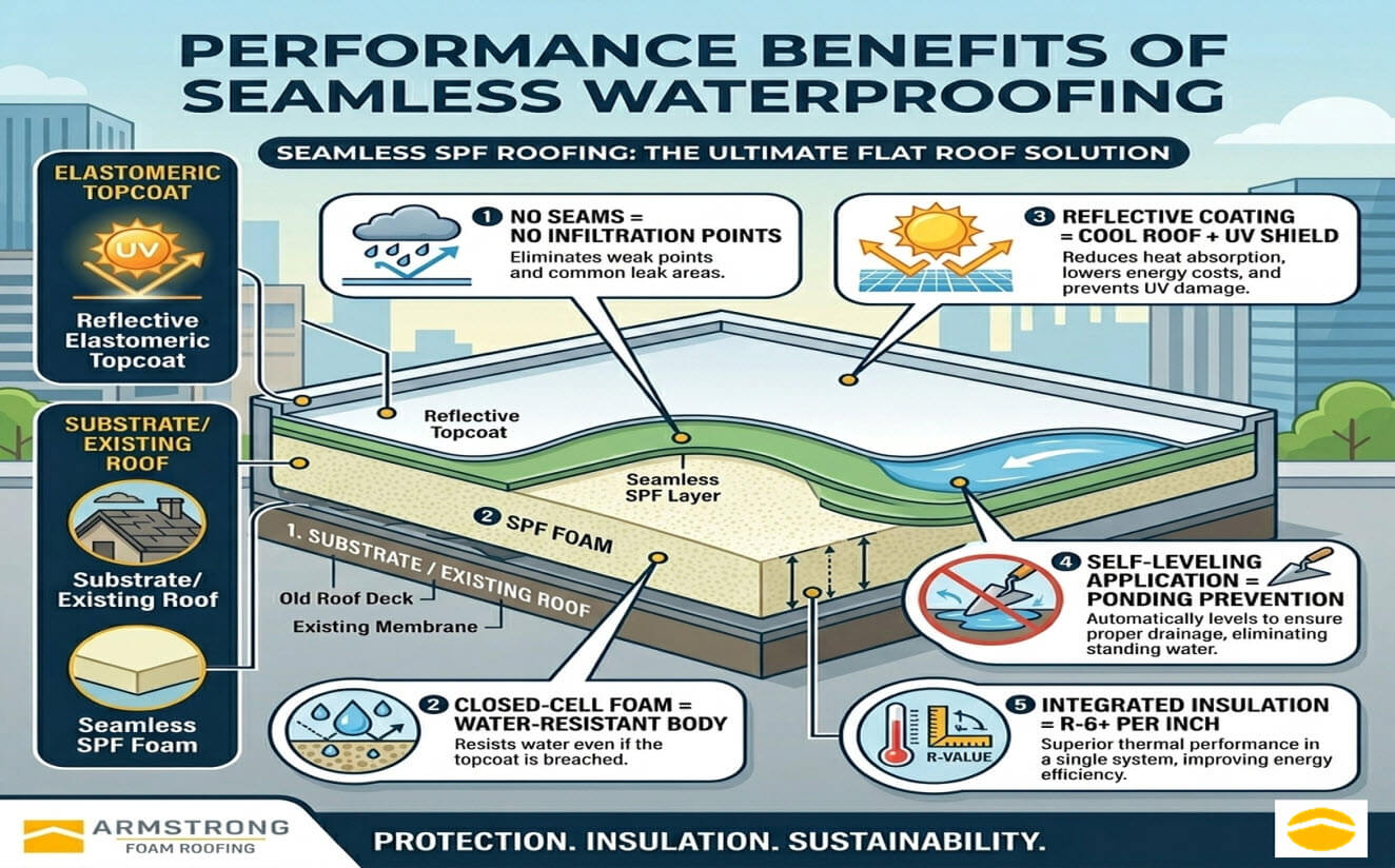 an infographic about Performance Benefits of Seamless Waterproofing — A diagram showing a cross-section of an SPF roofing system with labeled layers (substrate /existing roof, SPF foam, elastomeric topcoat) and callout bubbles highlighting each performance benefit: 'No seams = no infiltration points,' 'Closed-cell foam = water-resistant body,' 'Reflective coating = cool roof + UV shield,' 'Self-leveling application = ponding prevention,' 'Integrated insulation = R-6+ per inch.'