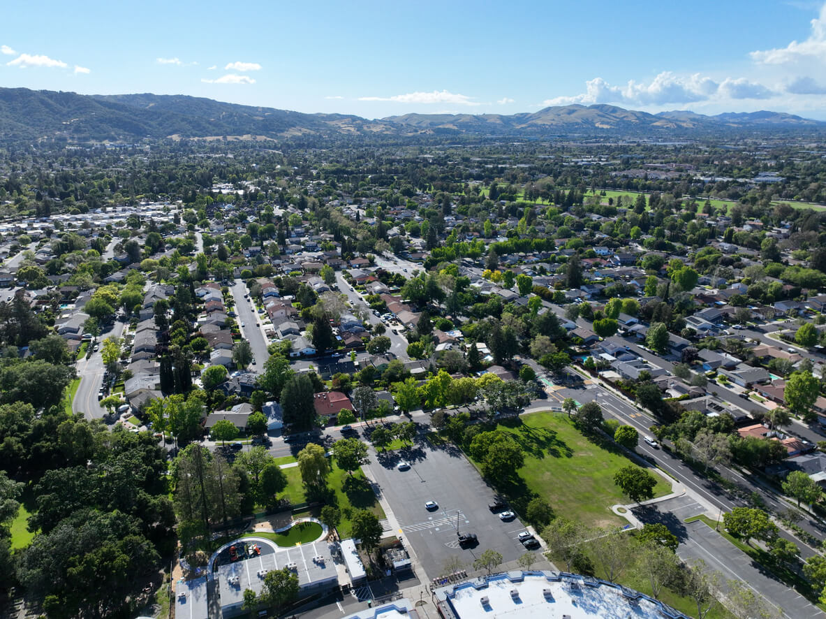 An aerial shot of the city of Pleasanton in Alameda County California, United States