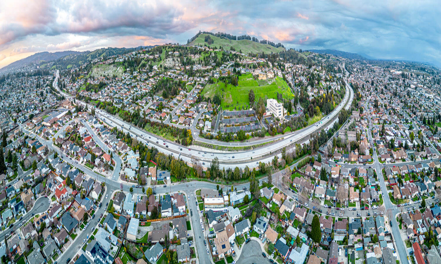 San leandro Bay Area. Alameda County California. Aerial sunset Panorama