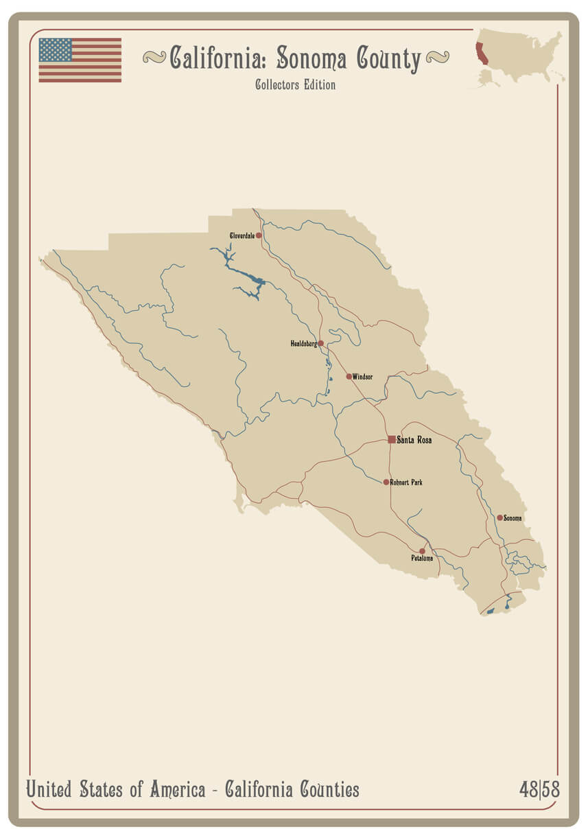 Map on an old playing card of Sonoma county in California, USA.